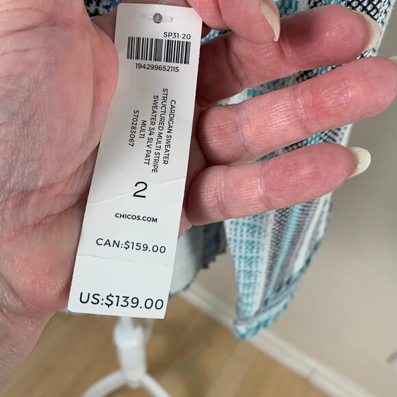 NEW Chico's Size 2 US L Cotton Sweater Jacket 3/4 Sleeve Lightweight Blue White - Picture 11 of 12